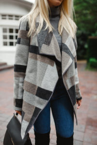 mulit colored oversized coat, multi-colored check print blanket coat, cozy grey turtleneck sweater, soft grey turtleneck sweater