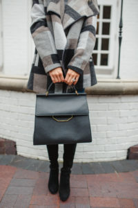 black leather satchel with top handle, oversized black leather bag, black leather bags on sale, over the knee heeled black boots
