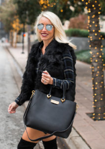 black leather satchel with gold hardware, faux fur vest under $100, silver mirrored sunglasses