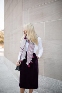 pom pom oversized blanket scarf, holiday party skirt, holiday party outfit ideas, pointed toe burgundy stiletos