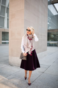 burgundy velvet midi skirt, wine colored midi skirt, dark purple skirt, velvet party skirt, pom pom blanket scarf, white button down blouse
