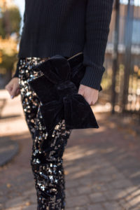 sparkly NYE pants, NYE outfit ideas, skinny sequin pants, black sequin leggings, clutch for under $50
