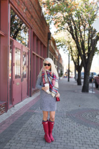 funnel neck sweater dress, multi colored plaid blanket scarf, red quilted crossbody bag, sunglasses under $100, rain boots