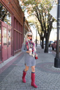 bright red rain boots, oversized grey sweater dress, oversized plaid blanket scarf, perfect red lipstick