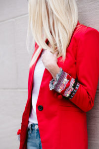 statement sleeved red blazer, jeweled cuff sleeved blazer, fitted blazer under $100, white tee