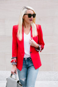 red fitted blazer, fitted blazer with embellished cuff sleeves, grey studded leather handbag, jaime shrayber