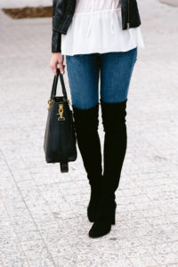 over the knee suede heeled boots, white peasant top, jaime shrayber