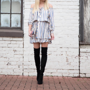 off the shoulder striped dress, black over the knee suede boots, grey clutch with pastel tassels, pastel tassel clutch, tassel off the shoulder dress, jaime shrayber