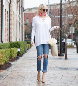 lace-up white sweater, white lace up sweater, pink statement earrings, oversized pink earrings, nude leather pumps
