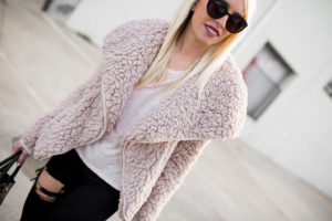 soft faux fur pink jacket, drapey pink furry jacket, cozy pink fur jacket, light pink tee, bell sleeve tee