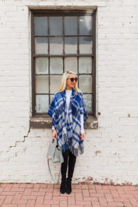 comfy hooded poncho, plaid poncho under $100, perfect skinny jeans, jaime shrayber