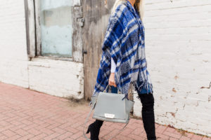 blue and white plaid poncho, poncho with fringe hem, black suede boots