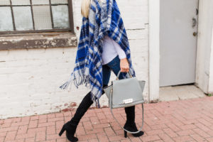 hooded poncho, plaid poncho, black suede heeled over the knee boots, jaime shrayber