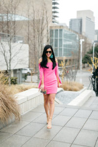 off the shoulder pink dress, turquoise statement earrings, clear box clutch