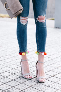 Pom Pom skinny jeans, distressed jeans with fun hem, open toe taupe suede sandals