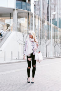 blush gauze scarf, light pink scarf, silk blouse with blooms, black suede pumps
