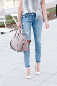 distressed jeans under $100, taupe suede open toe sandals, tan satchel with top handles, jaime shrayber