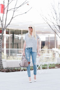 destructed skinny jeans, skinny striped blouse, sailor stripe button down blouse, suede taupe sandals