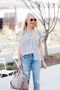 white and navy stripe top, casual short sleeve button down, jaime shrayber