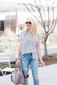 shirred shoulder button down, short sleeve stripe button down, half tuck blouse for spring