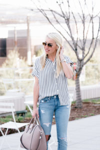 casual stripe button down, navy and white stripe blouse, spring sunglasses, light distressed denim