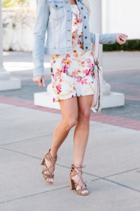 spring floral dress, lace-up sandals less than $100, spring colored denim jacket, light pink satchel
