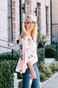 Floral off the shoulder blouse, floral blouse with ruffle sleeves, open toe suede sandals, jaime shrayber