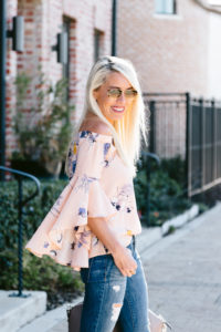 bell sleeve off the shoulder top, floral bell sleeve blouse, silk blouse, distressed skinny jeans, tan aviators