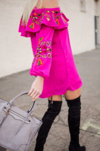 embroidered sleeve fushia dress, shift dress with embroidered sleeves, pink statement earrings