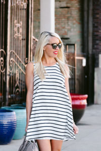 swing mini dress, sailor stripe short dress, sailor stripe summer dress, mirrored sunglasses, red lips for summer