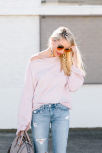 pink slouchy ots top, off the shoulder blush top, low rise distressed denim, taupe hobo, jaime shrayber