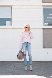 blush off the shoulder top, fleece off the shoulder , distressed denim, slouchy pink tee, long sleeve slouchy top