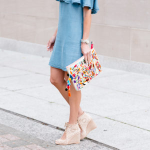 embroidered animal clutch, denim ots dress, chambray off the shoulder dress, lace-up wedge sandals