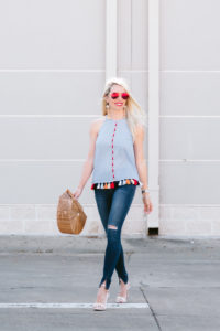 white open toe sandals, white sandals with heel, chambray sleeveless blouse, wooden clutch