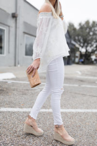 white jeans under $100, distressed white denim, blush platform wedge, light pink suede wedge sandals