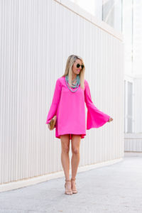 Dress with bell sleeve, statement sleeve dress, turquoise statement necklace, statement necklace under $100