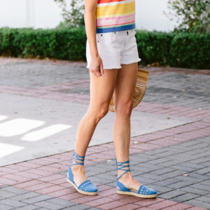 bright blue lace up flats, lace up flat espadrilles, bright blue espadrilles, colorful sleeveless blouse, jaime shrayber