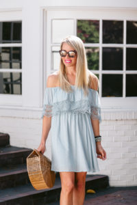 ots dress with lace detail, off the shoulder dress with lace detail, lace trim mint dress, mint dress under $100, mirrored sunglasses under $100, straw handbag