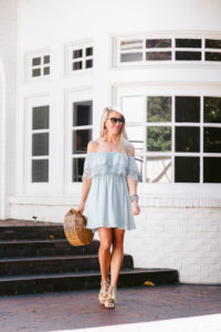 scalloped lace off the shoulder dress, scalloped lace mint dress, beaded jewelry for spring, sunnies for under $100
