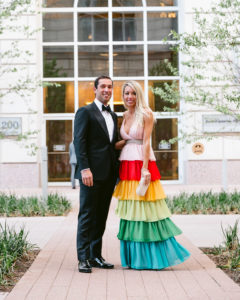 rainbow tiered cocktail dress, colorful floor length dress, jaime shrayber