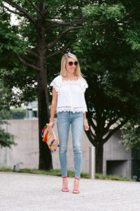 white summer top - white summer blouse - white with blue jeans - white with denim - black sunnies - woven clutch - woven handbag - jaime shrayber