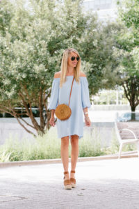 casual wedges for summer, whiskey colored suede wedges, ots summer dress, ots spring dress, baby blue wedding attire, jaime shrayber