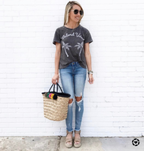 graphic tee - vacation tee - casual t-shirt - palm tree print - burnout shirt - straw tote - pompom tote