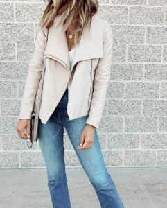 fashion blogger wearing bb dakota up to speed faux leather parchment moto jacket for fall