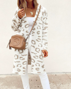 fashion blogger wearing amazon prime long leopard open cardigan