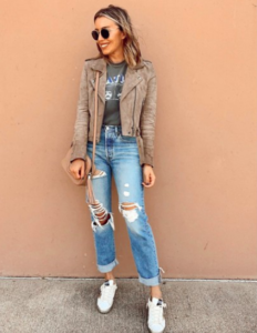 fashion blogger wearing blanknyc coffee bean suede moto jacket