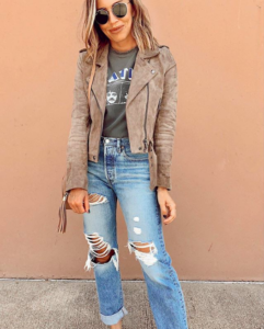 fashion blogger wearing blanknyc coffee bean suede moto jacket