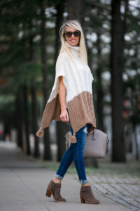 cable knit fall poncho - leather taupe handbag - suede buckle bootie, layering tank, white tank, fall layers