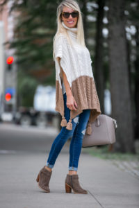 fall booties under $100 - cable knit poncho - suede booties - buckle booties - jaime shrayber