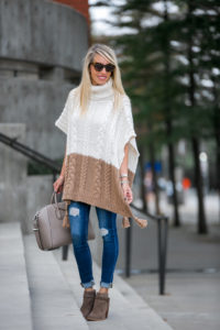 two toned poncho - turtleneck poncho - poncho under$100 - ivory and tan poncho - distressed denim - booties for fall